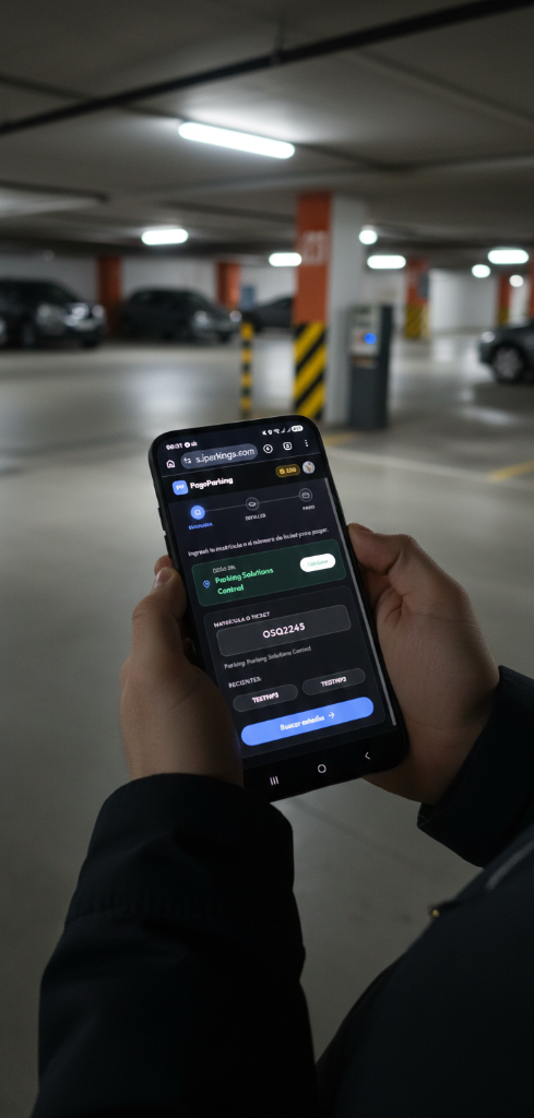 PagoParking Web App en funcionamiento real en estacionamiento subterráneo